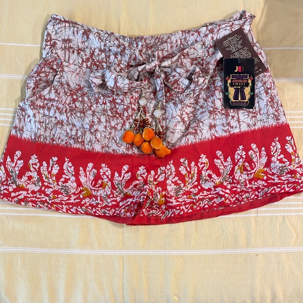 High Waist Orange and White Shorts with Artistic Print - Picture 1 of 5